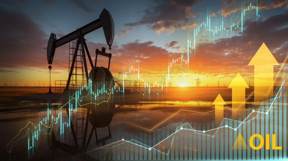 oil,pump,jack,silhouette,with,financial,graphs,at,sunset,symbolizing